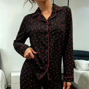 Women Long Sleeve Button Down Pajama Set Black Red Heart Print Sleepwear Casual
