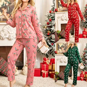 Women Christmas Candy Cane Print Pajama Long Sleeve Cardigan And Long Pants Sleepwear Festive Loungewear Top And Bottom