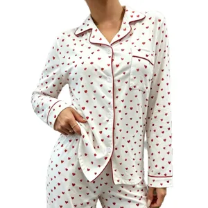 Women cotton long sleeve pajama set red heart print lapel casual loungewear sleepwear.