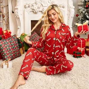 Christmas Women Long Sleeve Pajama Set Lapel Cardigan Loungewear Red Candy Cane Print