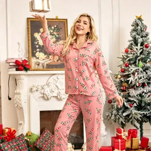 Women Christmas candy cane print long sleeve pajama set casual loungewear sleepwear suit