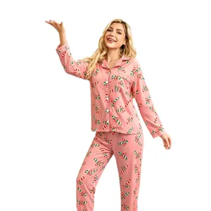 Christmas pink candy cane print women's long sleeve pajama set lapel button sleepwear.