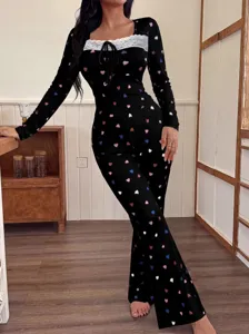 Damen gerippter langarm Pyjama Set süßer Herzprint Hausanzug Freizeit Nachtwäsche