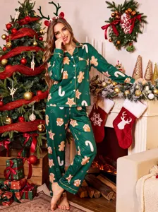 Noël pain d'épices imprimé femmes pyjama ensemble manches longues vêtement de nuit détail