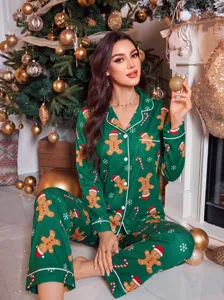Set pigiama lungo da donna con stampa omino di pan di zenzero natalizio abbigliamento notte