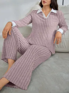 Women's ribbed knit long sleeve loungewear set casual two piece pajamas with collar