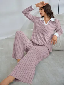 Detailed view of cozy ribbed loungewear set with contrasting collar and cuffs for indoor relaxation.