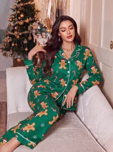 Natale stampa pan di zenzero set pigiama manica lunga verde donna abbigliamento