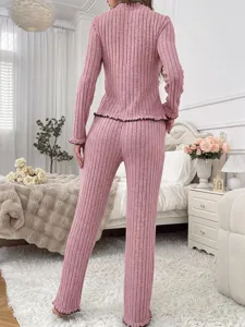 Women's pink ribbed loungewear set long sleeve pajama set cozy sleepwear for women