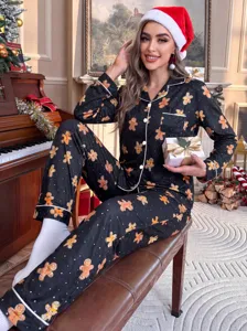 Pijama largo de mujer con estampado de pan de jengibre, conjunto navideño y cómodo.