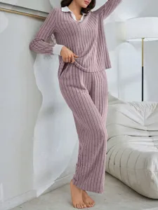 Women ribbed long sleeve loungewear set with contrast collar, casual pajama outfit for autumn.