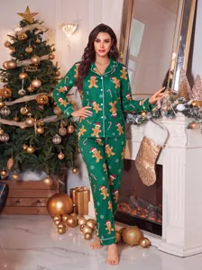 Set pigiama donna stampa pan di zenzoro di Natale, completo loungewear manica lunga.