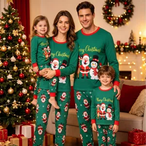 Weihnachten Familie passendes Pyjama Set grün langarm Schlafanzug mit süßen Mustern für Eltern Kinder