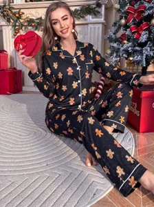 Mujer Navidad estampado hombre de jengibre conjunto pijama manga larga ropa de dormir