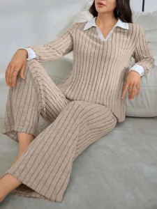 Detailed view of the ribbed knit loungewear set featuring contrast collar and cuffs.
