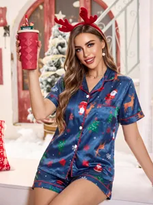Kerst dames satijn pyjama korte mouw shorts set feestelijke nachtkleding huispak