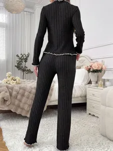 Women casual ribbed cardigan pajama lounge set fall winter thermal clothing back view detail.