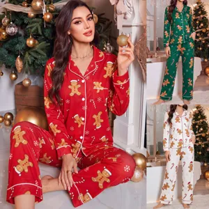 Set Pigiama da Donna con Stampa Omino di Pan di Zenzero Natalizio Manica Lunga Pantaloni Lunghi Abbigliamento Casa