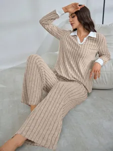 Ribbed long sleeve lounge set detail, comfortable knit fabric with contrast collar and cuffs.