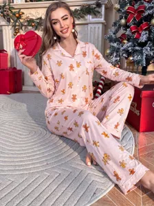 Pijama de Navidad para mujer de manga larga con bonito estampado de jengibre, ropa suave.