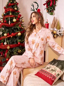Ensemble pyjama de Noël femme rose manches longues vêtement de nuit imprimé bonhomme pain d'épice