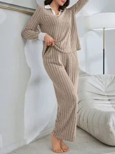 Casual ribbed lounge set featuring long sleeves, contrast polo collar, and matching relaxed pants.