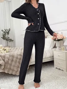 Women long sleeve ribbed knit cardigan loungewear set casual comfortable sleepwear pyjamas