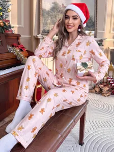 Mujer Navidad Estampado De Pan De Jengibre Manga Larga Pijama Conjunto Rosa Moda