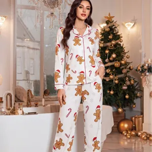 Donna Natale Omino di Pan di Zenzero Stampa Pigiama Manica Lunga Abbigliamento Notte