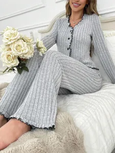 Womens grey ribbed pajama cardigan set cozy long sleeve lounge wear with flare pants