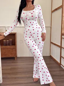 Damen süße rosa Herz Druck Rippen Langarm Top und Schlaghose Loungewear Set Hauskleidung