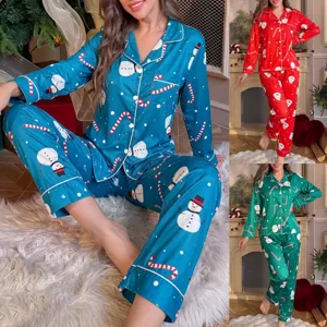 Femmes Noël Bonhomme de Neige Imprimé Satin Pyjama Ensemble Manches Longues Revers Boutonné Vêtements de Nuit Casual Lounge Pantalon Long