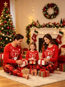 Ensemble pyjama de Noël assorti pour famille haut manches longues col rond pantalon nuit