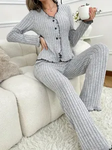 Women grey ribbed knit loungewear set autumn winter comfy cardigan and pants sleepwear