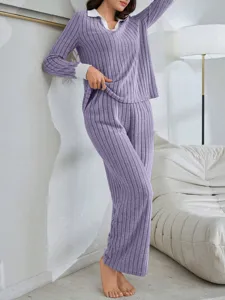 Detail view of women's ribbed knit loungewear set featuring contrast collar and long sleeves.
