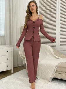 Conjunto pijama mujer elegante hombros descubiertos canalé manga larga ropa de hogar cómoda