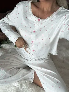 Donna carino pizzo cardigan pigiama manica lunga set rosa cuore stampa abbigliamento casa