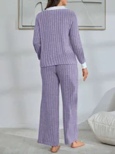 Cozy purple ribbed loungewear detail, soft long sleeve top and pants set back view.
