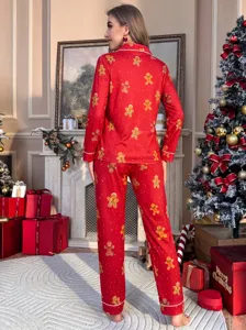 Conjunto pijama mujer navidad estampado jengibre manga larga vista detallada espalda.
