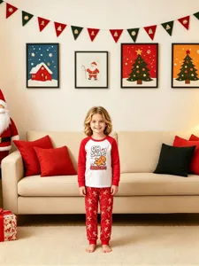 Ensemble pyjama de Noël manches longues pour enfants, vêtement de détente bicolore rouge blanc.