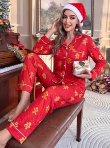 Navidad estampado pan de jengibre mujeres pijama conjunto manga larga ropa de dormir