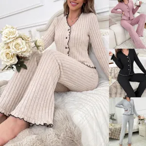 Women Long Sleeve Cardigan Pajama Set V Neck Button Up Ribbed Knit Top And Long Pants Casual Fall Winter Loungewear
