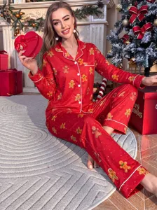 Navidad pan de jengibre estampado mujeres satén pijama conjunto manga larga ropa.