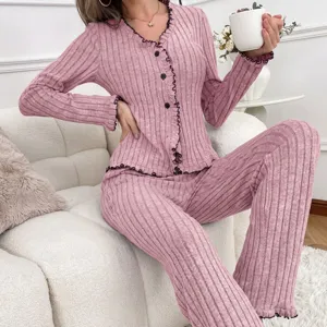Women's pink ribbed long sleeve cardigan and pants pajama loungewear set for autumn winter.