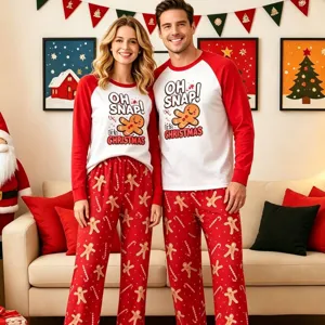 Pyjama de Noël en Famille Haut et Bas Assortis Chemise à Manches Longues et Pantalon Motif Bonhomme de Pain d'Épices Vêtements de Nuit