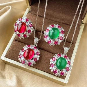 Vintage Copper Colorful Rhinestone Pendant Necklace Luxury Oval Cut Inlaid Adjustable Statement Finger Ring Fashion Fine Jewelry Gift For Women