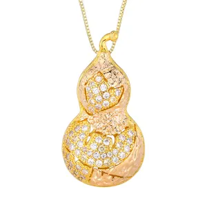 Gold colored diamond encrusted gourd pendant necklace, elegant traditional lucky design jewelry.