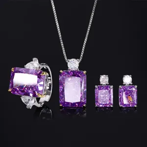 Βίντατζ Μωβ Σετ Κοσμημάτων με Διαμάντια Υψηλής Περιεκτικότητας σε Άνθρακα με Κοπή Λουλουδιού Πάγου Κολιέ Δαχτυλίδι Σκουλαρίκια