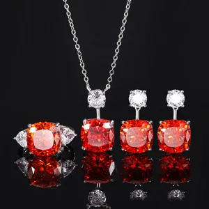 Vintage Copper Gold Plated Orange Red Rhinestone Pendant Necklace Earrings Ring Jewelry For Women Elegant Nest Cut Charm Style Jewelry Gift