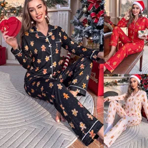 Pijama de Navidad para Mujer con Estampado de Hombre de Jengibre Manga Larga Ropa de Dormir Top y Pantalón
